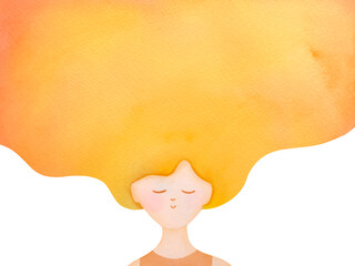 Watercolor Portrait of Serene Woman with Yellow Flowing Hair on transparent background. cute and delicate design of postcard, invitation with empty copy space. banner for advertising beauty products
