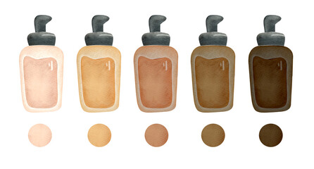 foundation cream for different skin color from light beige to dark brown swatch set. makeup beauty product watercolor illustration collection isolated on transparent background. clip art and cut out 
