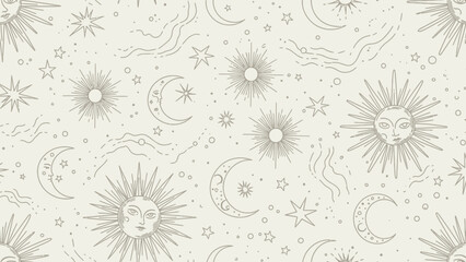 Celestial Pattern: Sun, Moon, Stars, and Cosmic Swirls on Creamy Background