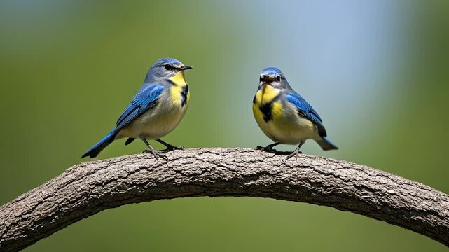 Blue bird singing on branch, smooth repeating motion background loop