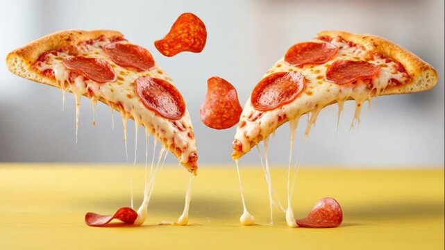 Delicious Floating Pepperoni Pizza Slices with Extreme Cheese Melt