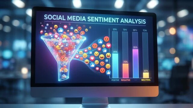 Social media sentiment analysis computer screen visualization shows tech business metrics with colorful emoji icons and bar chart for data insights