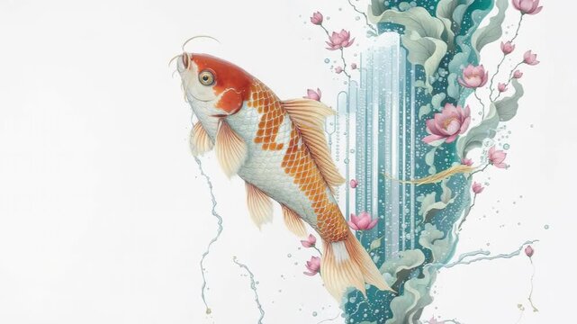 Watercolor koi fish with floral motifs and architectural elements.