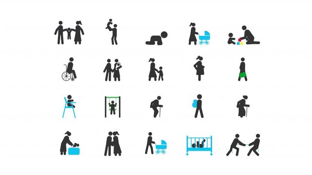 Human life stick figures glyphs animation set. Family structure, accessibility needs. Life stages, social services. Old age. Animated stickman icon pack. Black solid pictograms motion