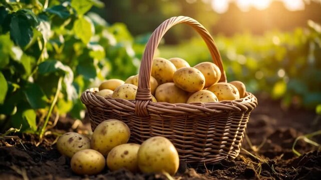 Basket of fresh potatoes in a field during daytime harvest season