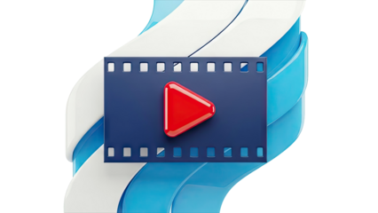 3D Play Button on Filmstrip with Abstract Blue and White Waves