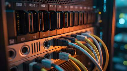 Server Rack with Network Cables and Glowing Ports, IT infrastructure concept