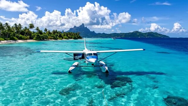 Seaplane floats on the turquoise water in front of a tropical island.