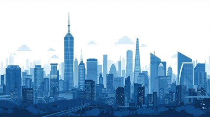 Blue City Skyline: Modern Metropolis With Tall Skyscrapers And Bridges For Urban Architecture