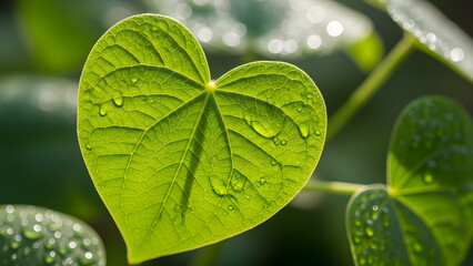 A macro shot of a vibrant green heart-shaped leaf covered in fresh water droplets under bright sunlight