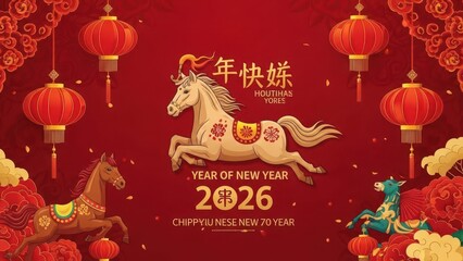 Illustration of traditional Chinese zodiac horse and dragon celebrating Chinese New Year 2026 with red lanterns and floral patterns for festive decorations