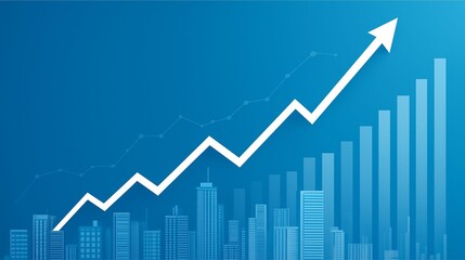 Dynamic City Skyline With Upward Market Trend Arrow And Growing Bar Chart