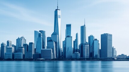 Stunning New York City Skyline With Tall Skyscrapers Along The River At Daylight