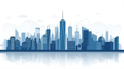 Blue City Skyline With Reflection Over Calm Water And Modern Urban Architecture Horizons