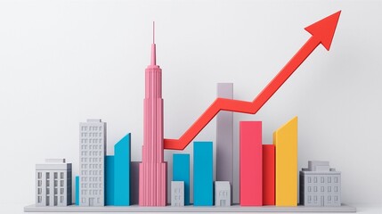 Vibrant City Skyline Miniature With Rising Arrow Symbolizing Growth and Progress in Business and Market Trends