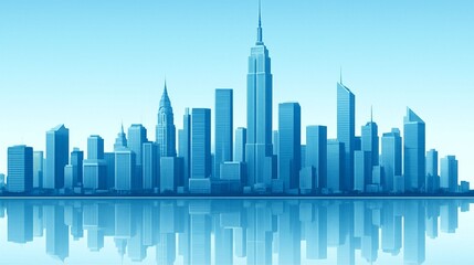 Blue City Skyline Reflected Over Calm Water, Modern Urban Business District Panorama, Downtown Metropolis