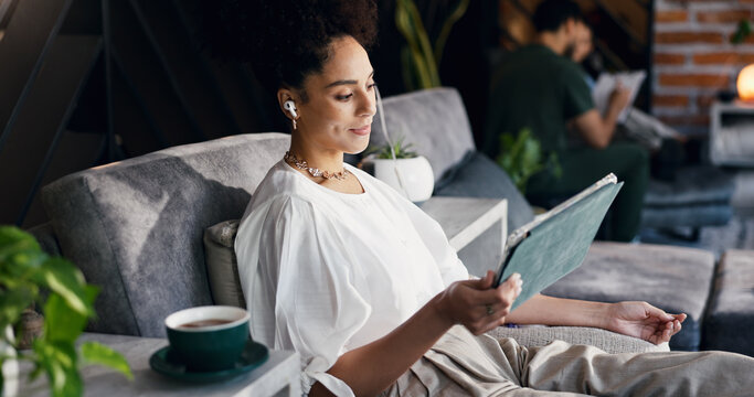 Woman, tablet and earphones with IV drip for healthcare, infusion treatment and streaming video. Patient, tech and relax in medical lounge for immune booster, hydration therapy and social media