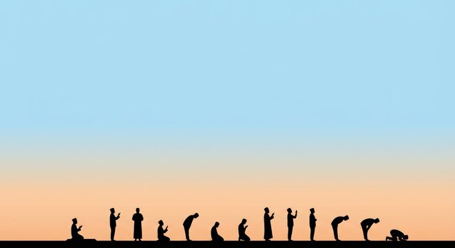 Black silhouette illustration showing the full sequence of Rakat positions during Islamic prayer performed by Muslim men at dawn or dusk , Perfect Any Project.