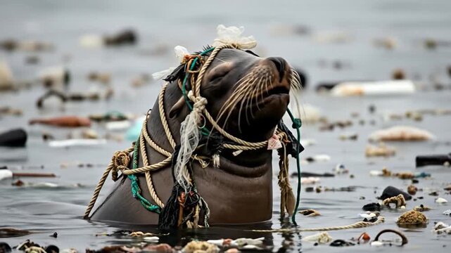 Sea lion entangled by plastic netting highlights ocean pollution