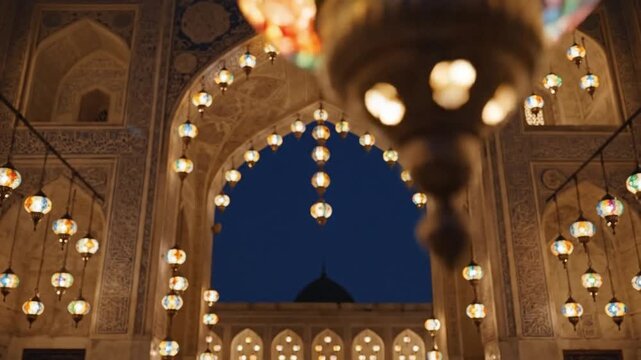 Ornate archway adorned with lanterns at dusk viewed from within an intricately designed building