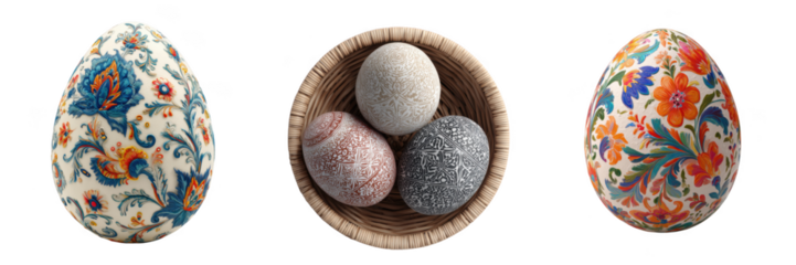 Easter eggs in basket and decorative patterns Isolated on a transparent background