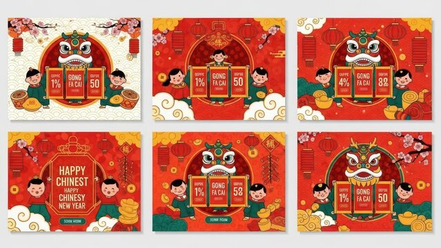 Traditional Chinese New Year 2026 red envelopes with lion dance masks, children holding gold coins, and festive decorations for Lunar New Year celebrations - Powered by Adobe