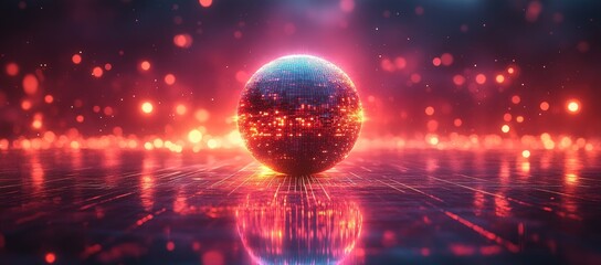 Futuristic digital sphere glowing intensely on a reflective data grid, surrounded by bokeh
