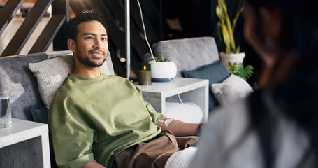 Doctor, man and wellness in clinic with iv drip, natural medicine or discussion for hydration...