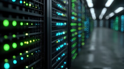 A data center server rack illuminated by blinking green and blue lights.