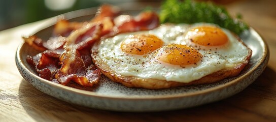 Close-up of a rustic plate with three fried eggs seasoned with pepper and crispy bacon strips