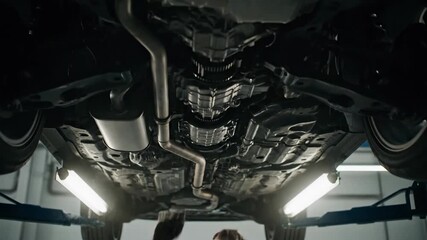 Undercarriage of a car being inspected in a garage.