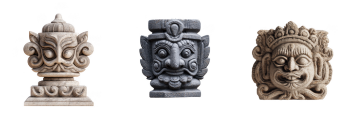 Three stone sculptures with carved faces Isolated on a transparent background