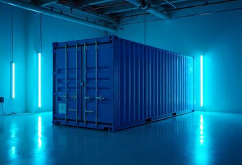 Dark blue shipping container with vertical neon stripes on wet reflective floor in studio. Industrial cargo unit with corrugated metal texture, futuristic concept, abstract modern pattern.