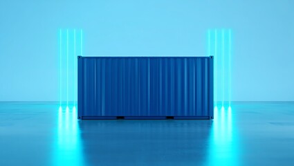 Dark blue shipping container with vertical neon stripes on wet reflective floor in studio. Industrial cargo unit with corrugated metal texture, futuristic concept, abstract modern pattern.