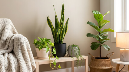 Various indoor plants including snake plant and fiddle leaf fig arranged on a wooden table for home decor