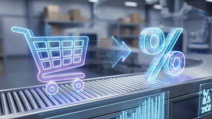 Ecommerce shopping cart technology visualization with business metrics percentage symbol and data charts in futuristic warehouse environment - Powered by Adobe