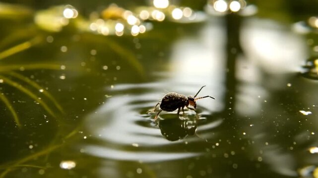 Tiny insect walking on pond water surface, macro close-up detail shot