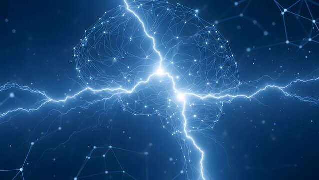 Digital brain concept with electric lightning strike and network connections in blue abstract background - Powered by Adobe