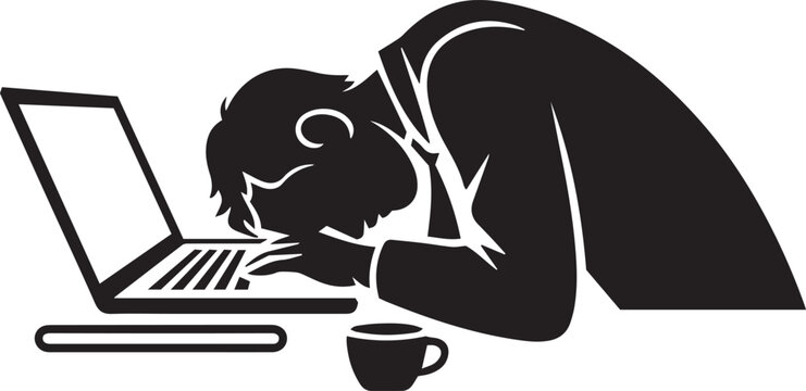 A flat vector illustration of an exhausted businessman slumped over his laptop