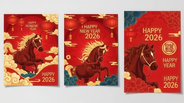 Traditional Chinese New Year 2026 red envelopes featuring a zodiac horse design with gold foil accents, lanterns, and festive greetings for Lunar New Year celebrations