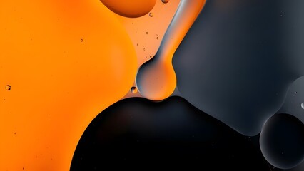 Abstract macro shot of orange and dark gray oil and water mixture, dynamic shapes and textures in vibrant contrast
