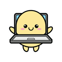 Cute Cartoon Character Using Laptop Computer