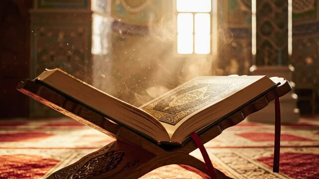 An open sacred book on a stand in a serene, sunlit room with intricate patterns and a vibrant carpet.