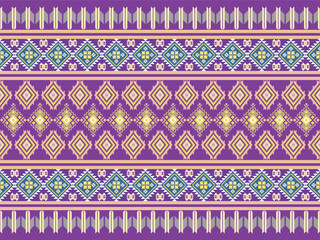 Elegant Purple and Gold Ethnic Geometric Pattern with Traditional Tribal Diamond Motifs and Folk Borders for Textile Fabric, Wallpaper, and Cultural Design