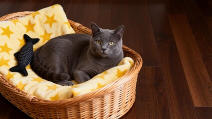 Gray cat resting in basket with star blanket