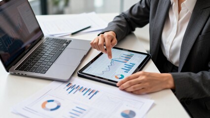 Business professional analyzing data on tablet