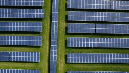 Aerial view of a large solar panel farm with rows of photovoltaic panels on green grassy fields for renewable energy generation