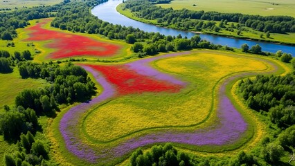 Breathtaking Aerial Drone View of River Meandering Through Expansive Wildflower Landscape, Vibrant Greenery and Floral Patches, Biodiversity