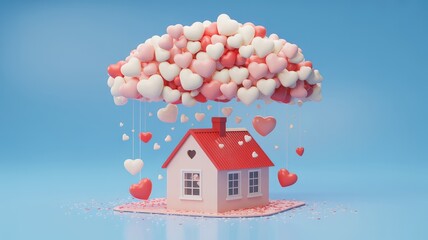 Charming house lifted by heart shaped balloons in the air sweetly