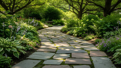 A beautiful winding flagstone pathway through a vibrant green garden filled with hydrangeas and ferns under a canopy of trees